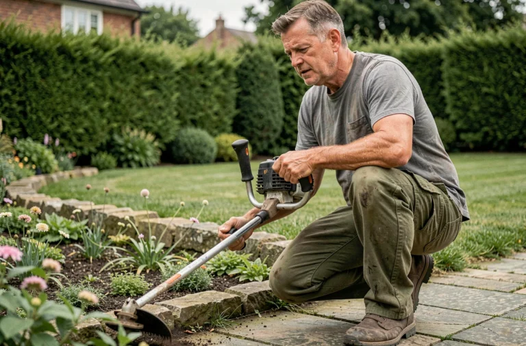 Homme utilisant un coupe-bordure thermique le long d'une allée de jardin en pierre