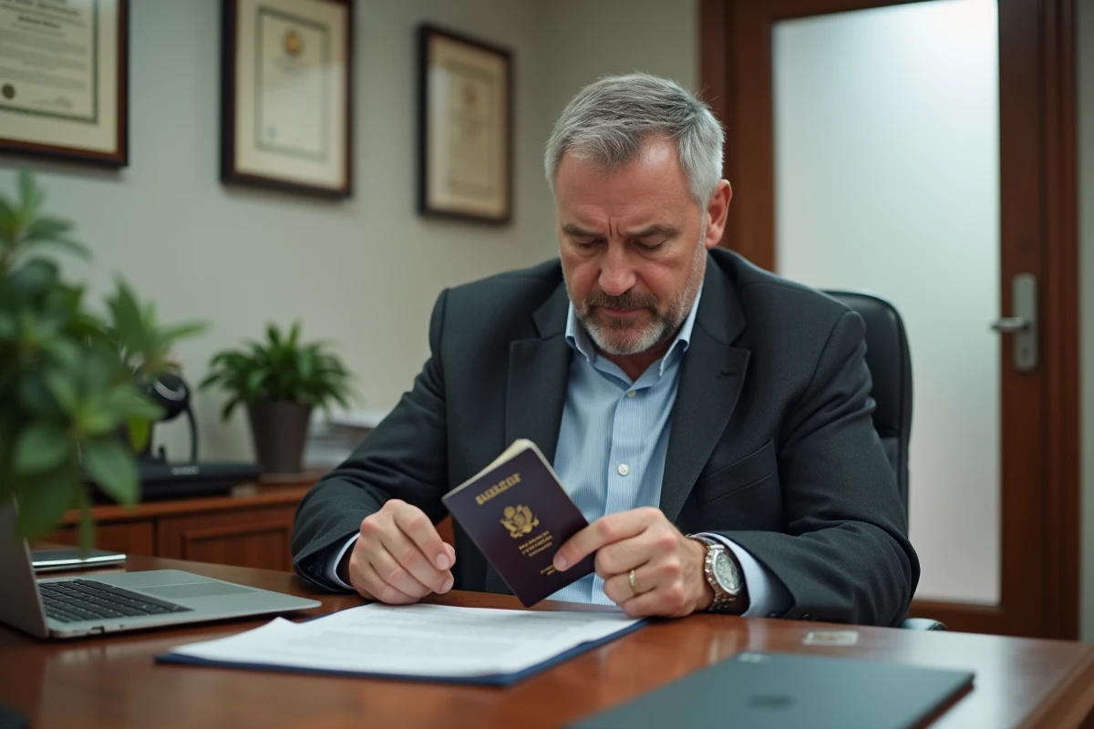 Homme au consulat examinant son passeport abîmé