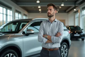 Homme inspectant une voiture SUV dans une concession automobile moderne avant un achat