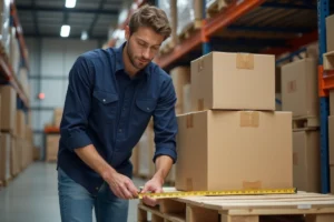Jeune homme mesurant des cartons dans un entrepôt