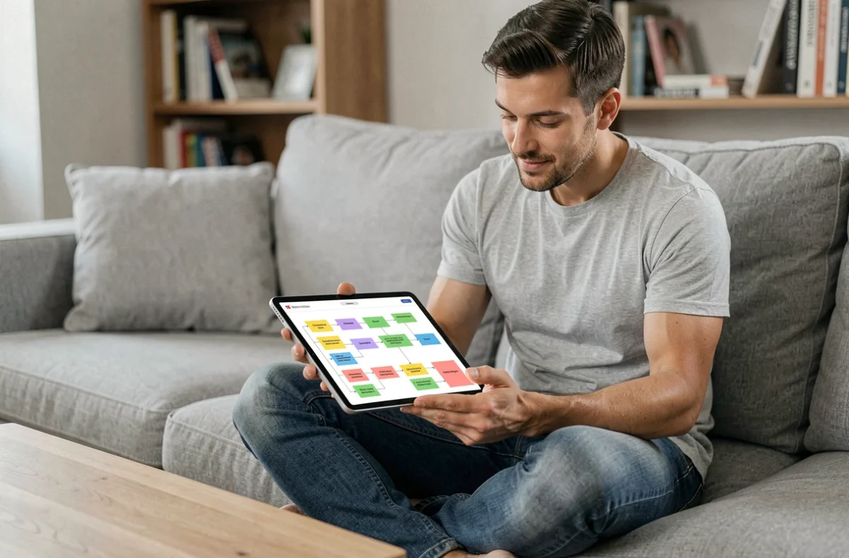 Homme consultant un plan de site structuré sur une tablette numérique dans un salon contemporain