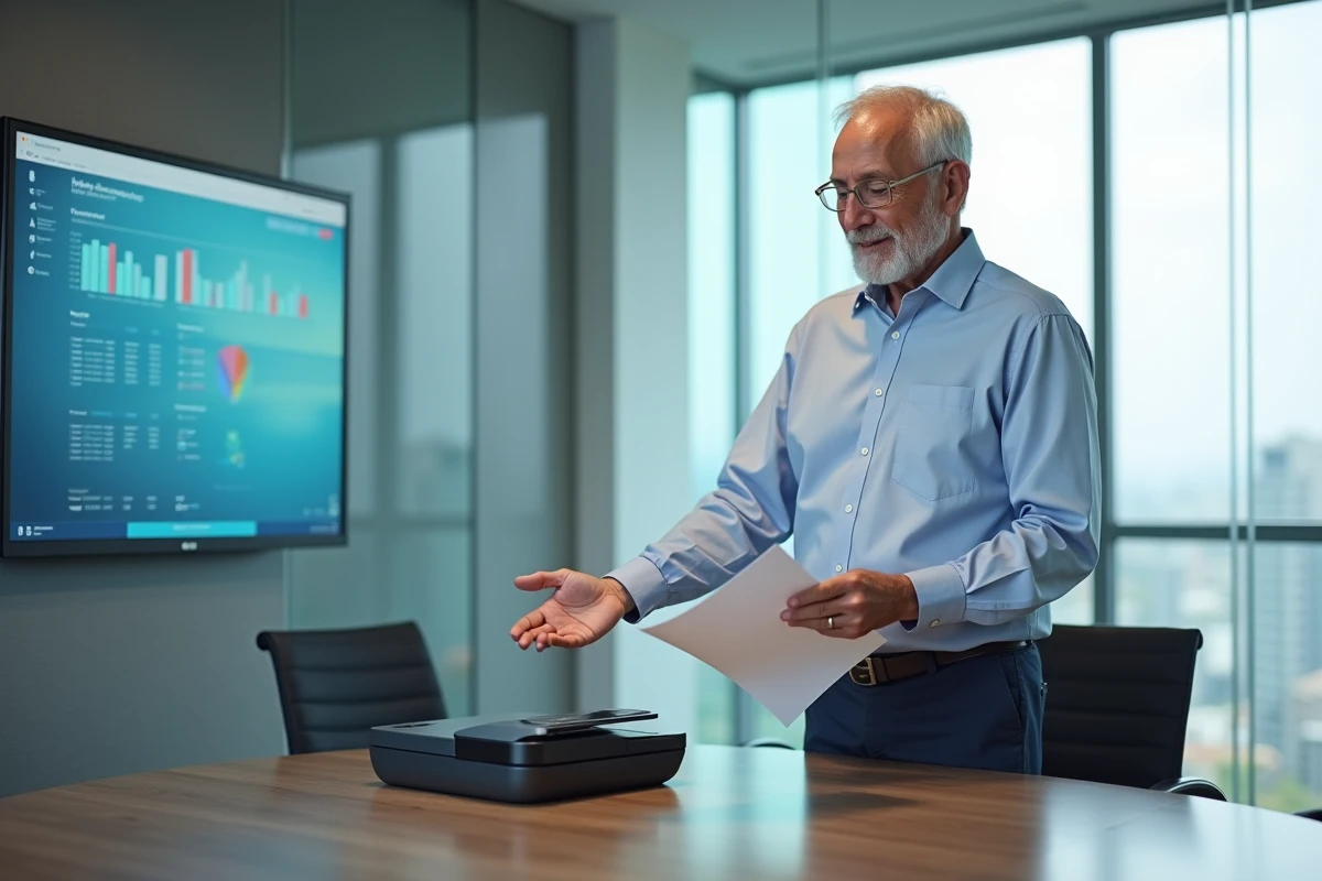 Homme scannant des papiers dans une salle de réunion moderne