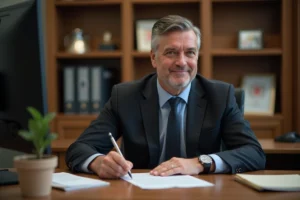 Homme en costume signe un certificat de cessation de paiement