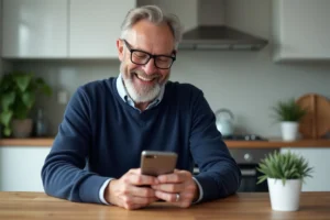 Homme d'âge moyen vérifiant Keno sur smartphone à la maison