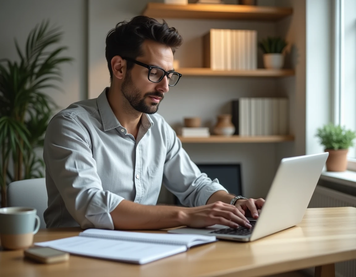 Homme travaillant sur une stratégie marketing 8P à son bureau avec un ordinateur portable et un carnet de notes manuscrites dans un bureau à domicile élégant