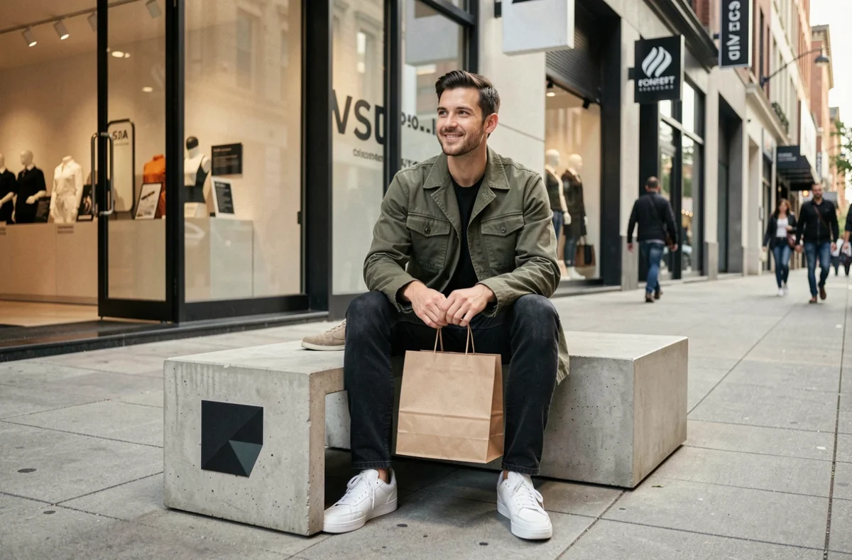 Homme tendance assis devant un concept store urbain avec un sac shopping, tenue casual chic en manteau chore coat olive