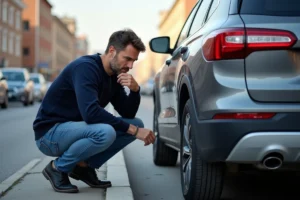 Homme regardant les capteurs arrière d'une voiture en ville