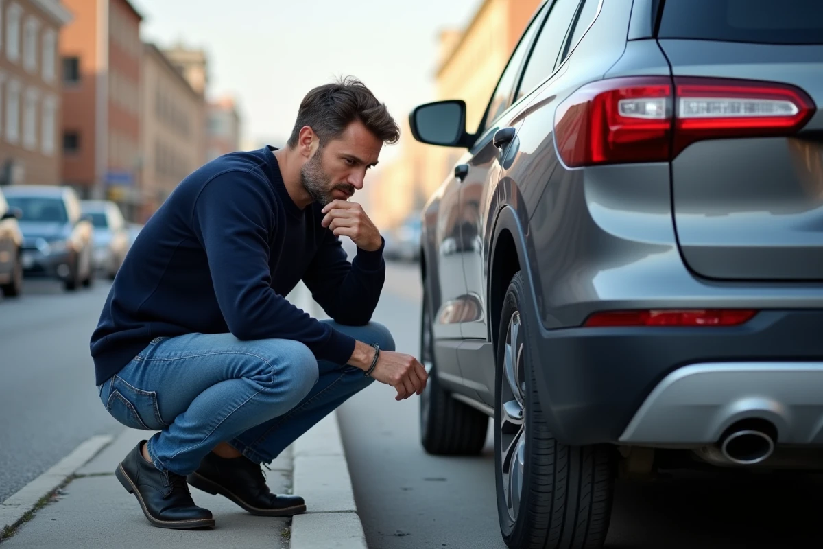 Homme regardant les capteurs arrière d'une voiture en ville