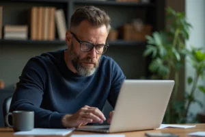Homme analysant attentivement des informations sur un site en ligne pour éviter les arnaques financières