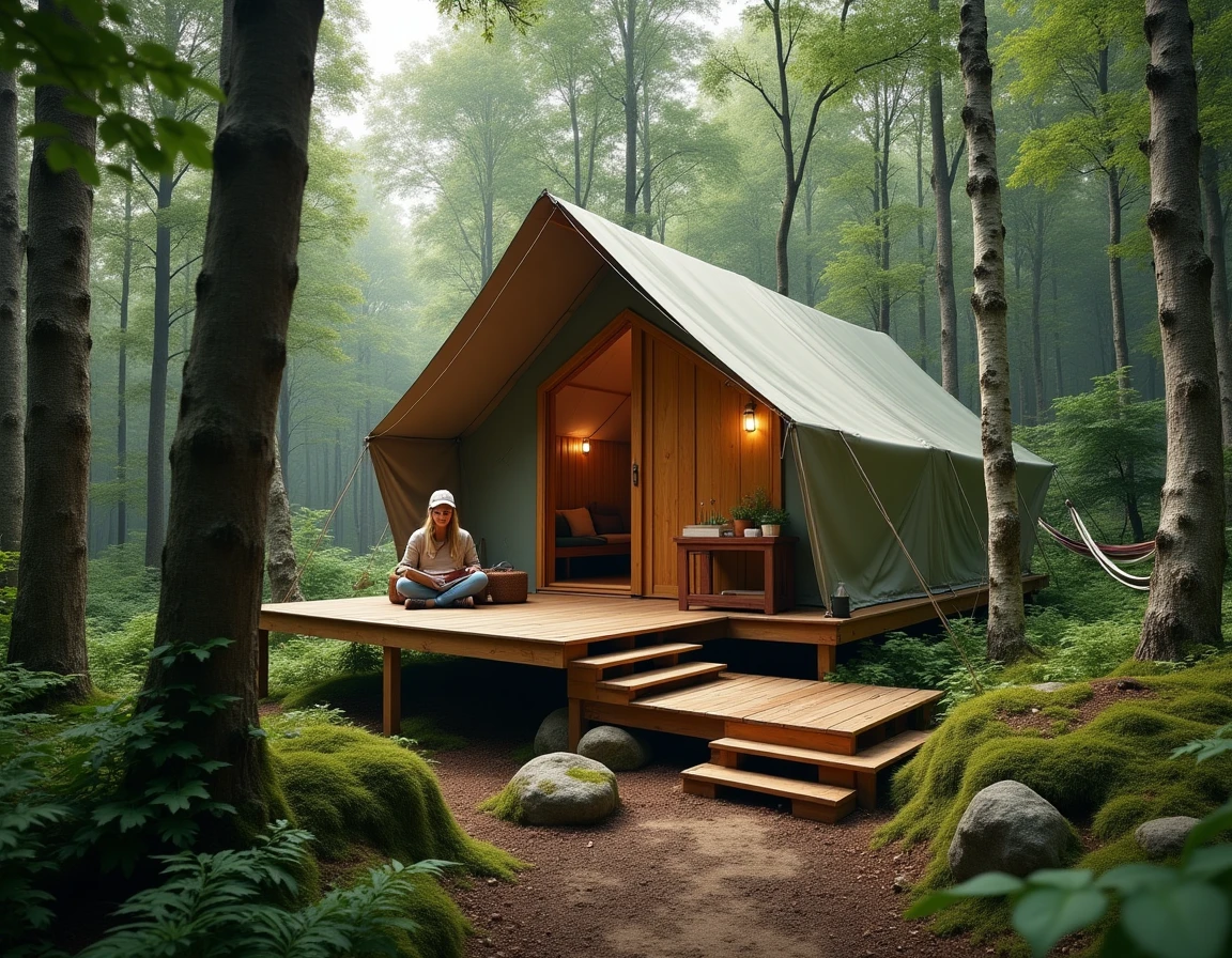 Lodge en bois Huttopia sur pilotis au cœur d'une forêt française, ambiance camping nature et éco-tourisme