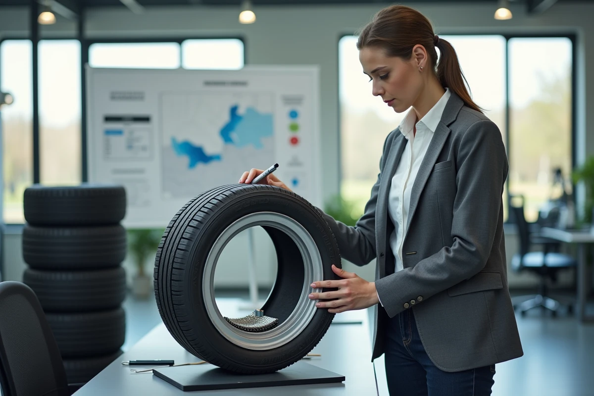 Jeune ingénieure automobile inspectant un pneu en laboratoire