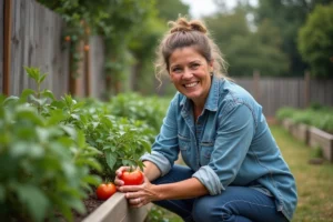 Femme récoltant des tomates dans un jardin verdoyant
