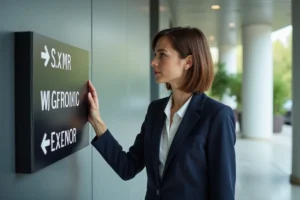 Jeune femme en bureau examinant un panneau directionnel moderne