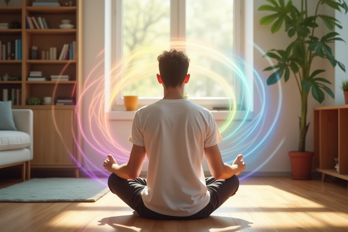 Jeune homme assis avec aura dans un salon lumineux