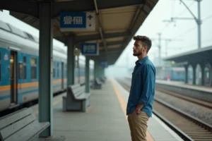 Jeune homme pensif sur une plateforme de train