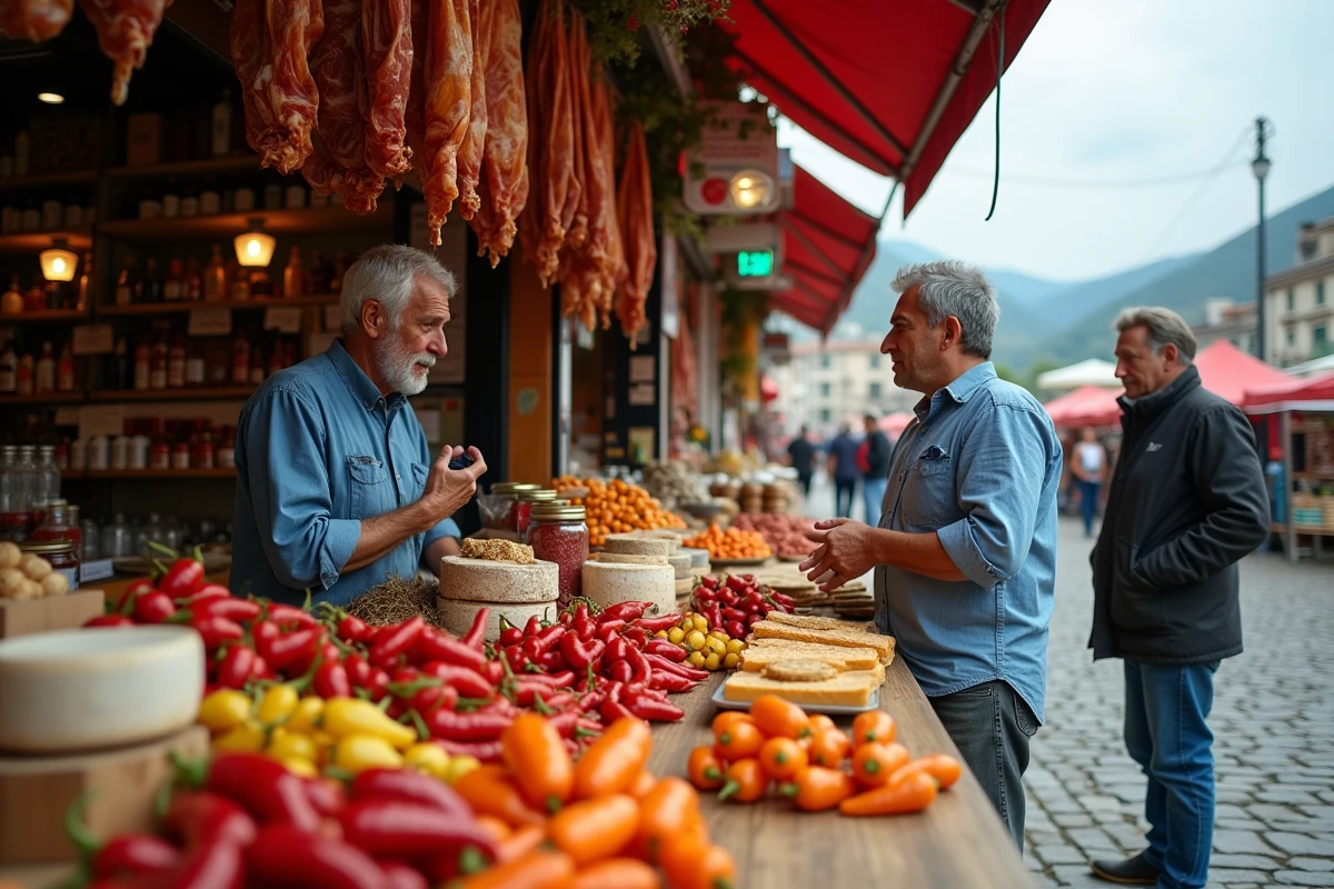 Étal de marché avec jambon ibérique, fromage Idiazabal et poivrons au marché de Dancharia en Espagne