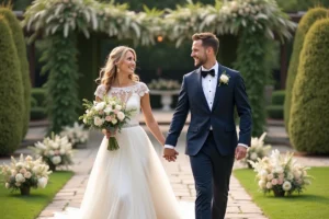 Jeune couple marié dans un jardin ensoleille