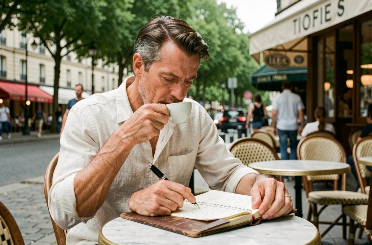 Homme attablé en terrasse de café parisien consultant ses notes, illustrant la vie privée et la personnalité de Matthieu Hocque