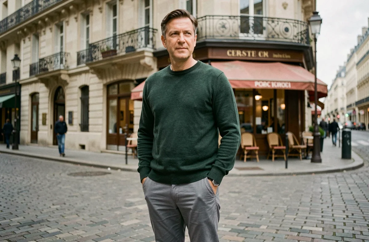 Homme français en tenue décontractée dans une rue parisienne évoquant les origines et la vie de Matthieu Hocque