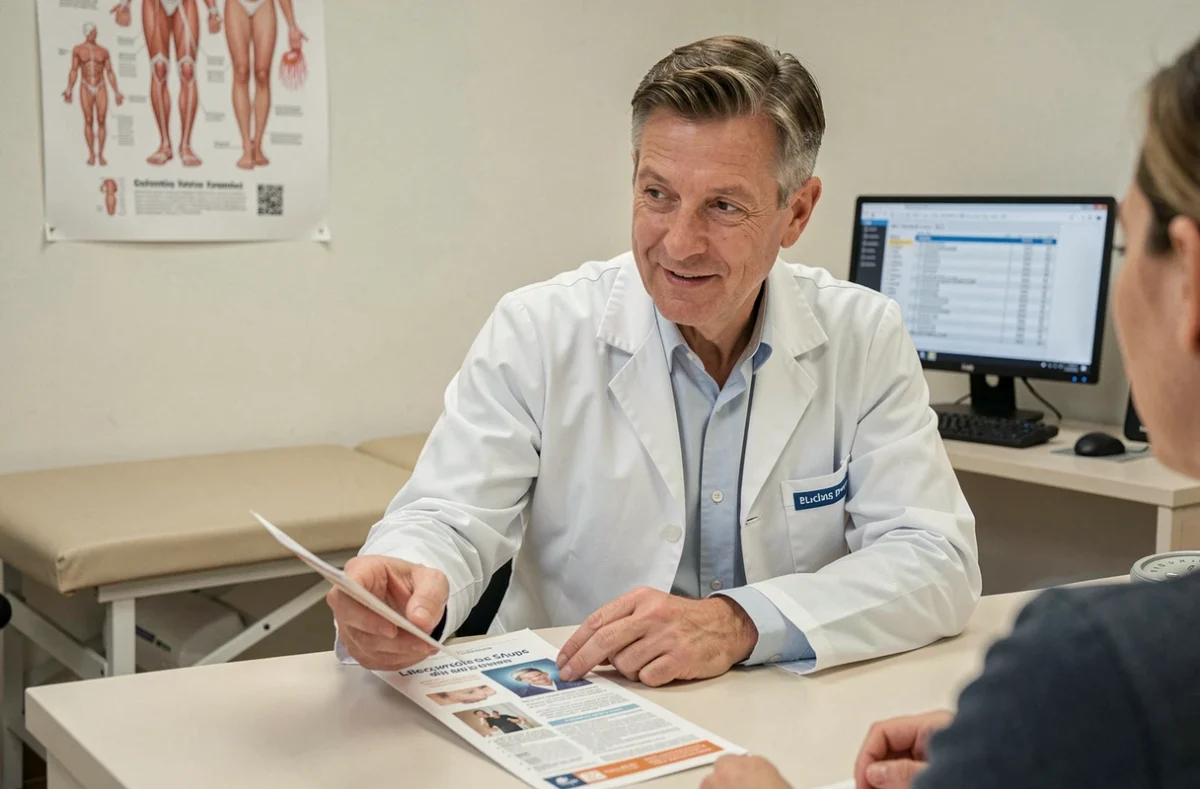 Médecin généraliste expliquant les contre-indications d'un traitement topique à son patient en consultation