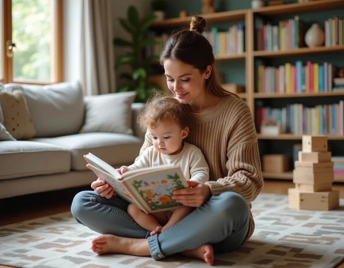 Mère lisant un livre illustré à son jeune enfant assis sur ses genoux dans un salon douillet, moment de complicité parentale et d'éveil au quotidien
