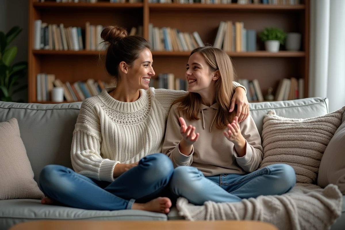Mère et fille en discussion complice sur un canapé dans un salon familial confortable