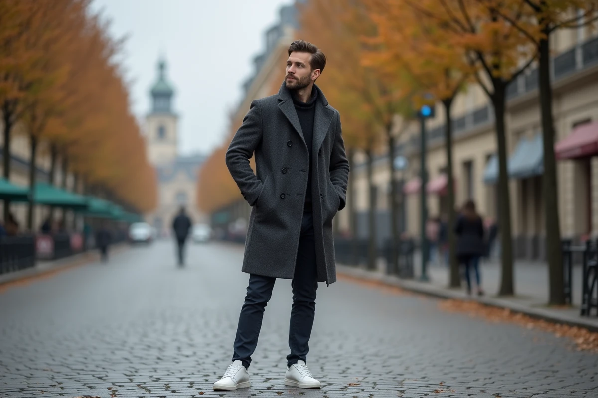 Homme élégant en manteau de laine charcoal posant dans une rue pavée européenne en automne, style mode urbain