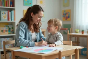 Jeune nounou avec un enfant dans une crèche chaleureuse