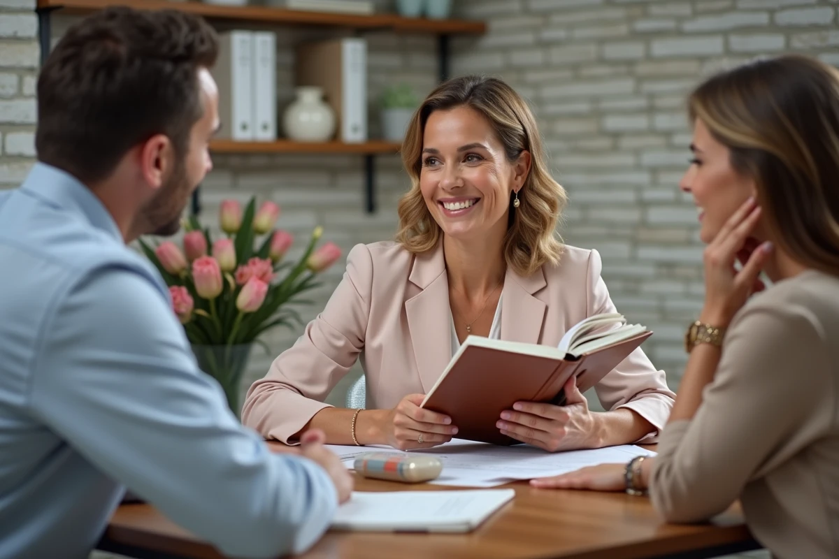 Femme organisatrice de mariage souriante en tailleur pastel