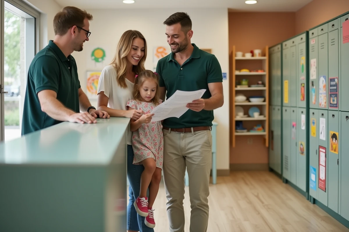 Parents lisant la fiche de transmission avec un professionnel