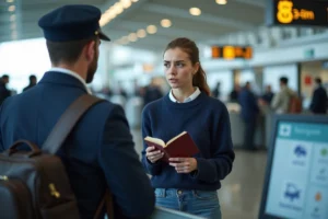 Jeune femme à l'aéroport avec passeport endommagé