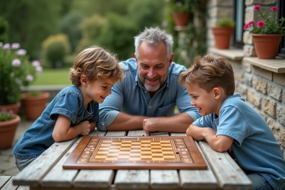Père et enfants jouant à un jeu de société sur une terrasse extérieure en famille