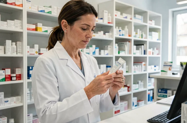 Pharmacienne lisant les indications d'un tube de crème médicamenteuse Argel 7 en officine