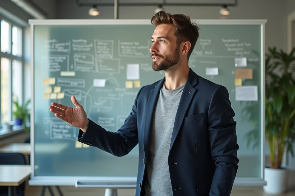 Jeune entrepreneur présentant un plan de développement business devant un tableau blanc dans un bureau de startup moderne