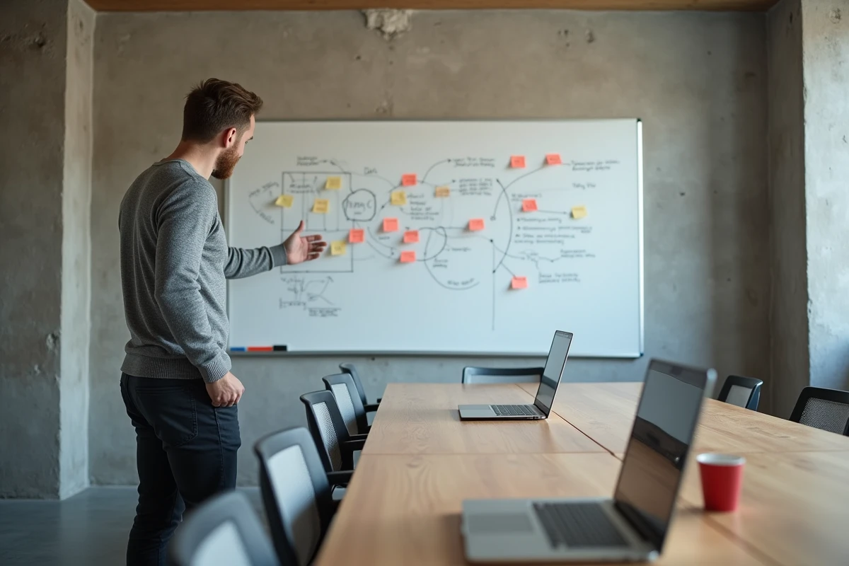 Jeune professionnel diplômé en master MOSS animant une session de brainstorming en salle de réunion collaborative