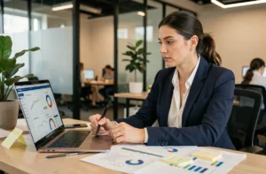 Une professionnelle du marketing analysant des tendances et des données sur un tableau de bord numérique dans un espace de coworking moderne en 2024