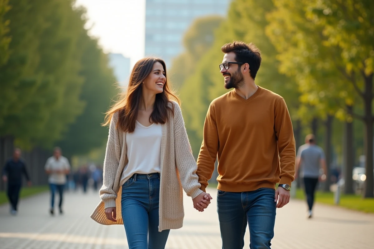 Femme riant avec un homme dans un parc urbain