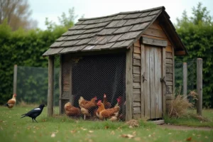 Poulailler en bois protégé par un filet anti-pies avec des poules à l'intérieur et une pie perchée à l'extérieur