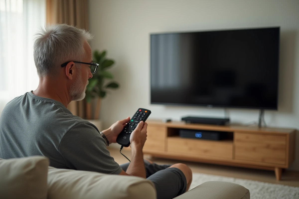 Homme tenant une télécommande Fransat dans les mains, assis dans un salon moderne avec un décodeur satellite visible sous la télévision