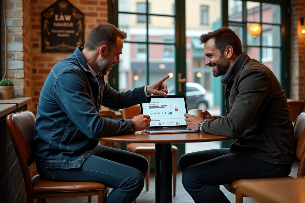 Deux entrepreneurs discutant d'une stratégie de développement commercial autour d'un ordinateur portable dans un café urbain