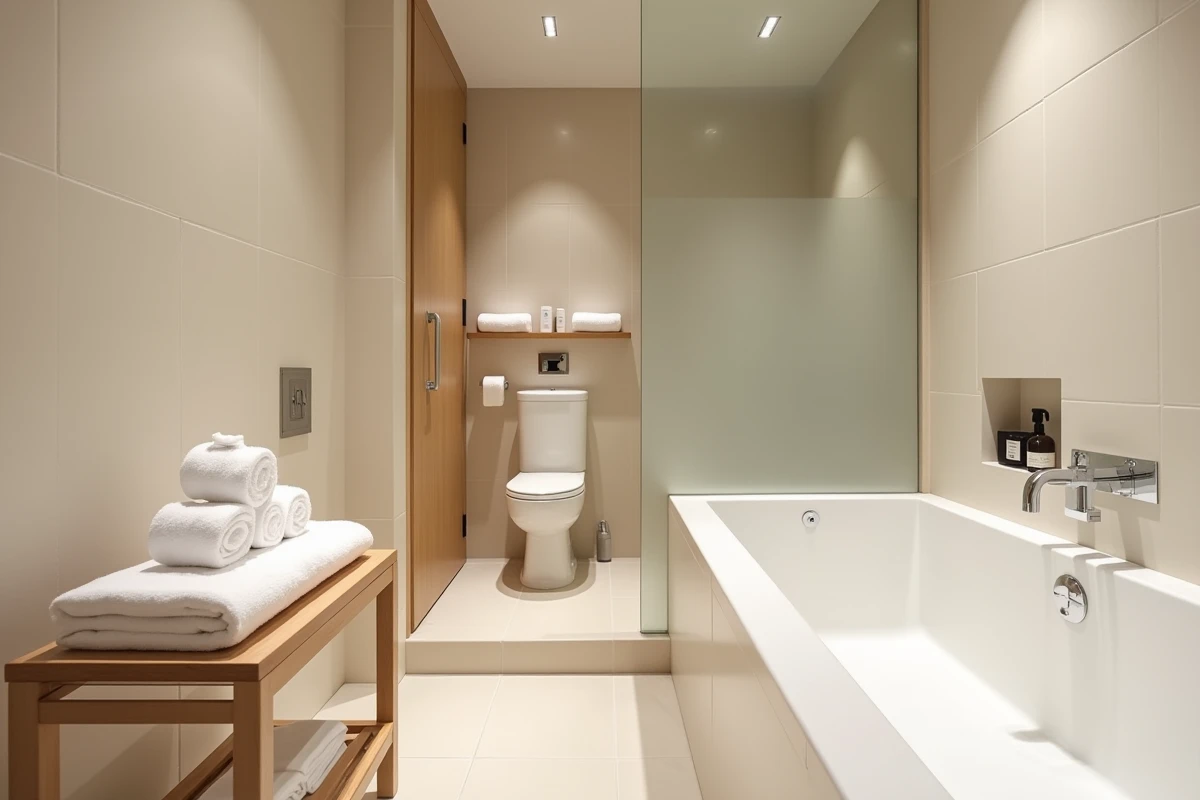 Salle de bain japonaise d'hôtel avec baignoire ofuro, douche séparée, accessoires en bois hinoki et serviettes pliées