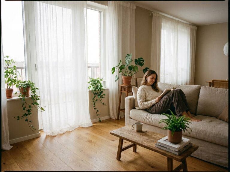 Femme lisant dans un salon lumineux avec lumière naturelle filtrée par de grandes fenêtres
