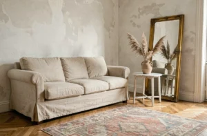 Salon parisien élégant avec canapé en lin écru, parquet en chêne et miroir doré vintage dans un esprit French Touch