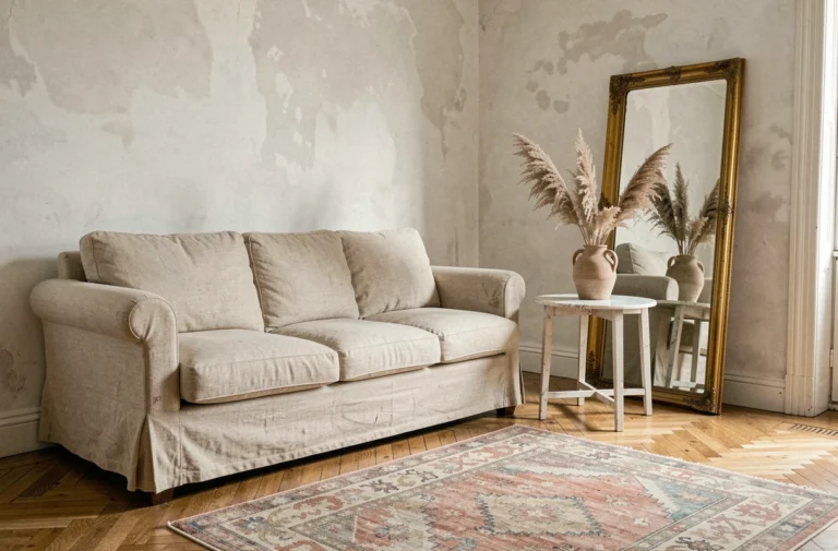 Salon parisien élégant avec canapé en lin écru, parquet en chêne et miroir doré vintage dans un esprit French Touch