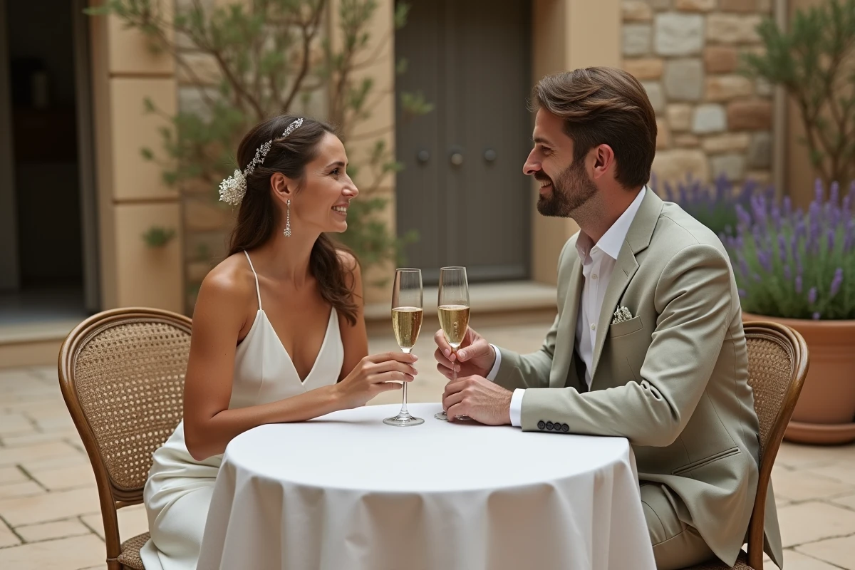 Couple en tenue de mariage discret partageant un moment intime autour d'une table en courtyard provençal