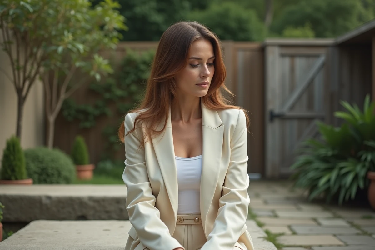 Femme pensive en blazer crème assise sur un banc de pierre dans un jardin privé, ambiance mariage intime