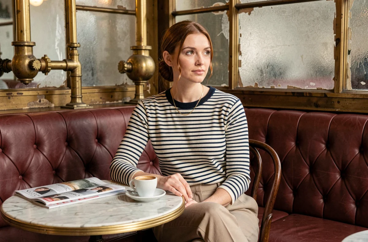 Femme chic en marinière bretonne attablée dans une brasserie parisienne au décor en laiton et banquette en cuir bordeaux