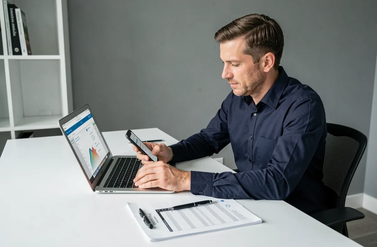 Homme consultant une application de finances personnelles sur ordinateur portable et smartphone dans un bureau à domicile