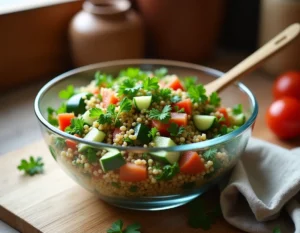 Bol en verre de taboulé fraîchement décongelé avec persil, tomates et boulgour sur un comptoir en bois rustique
