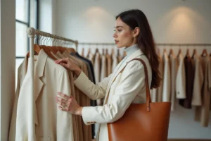 Jeune femme élégante parcourant les dernières tendances mode dans une boutique parisienne contemporaine